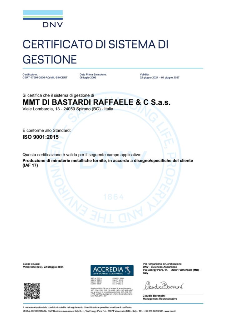 Certificato ISO 9001:2015 di MMT di Bastardi Raffaele & C. S.a.s. rilasciato da DNV